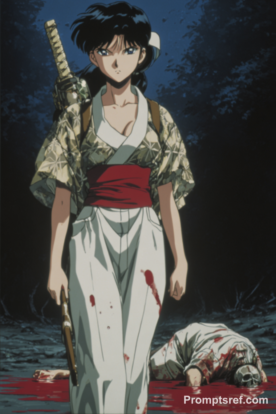 Japanese Demon Huntress with Skull Staff at Night