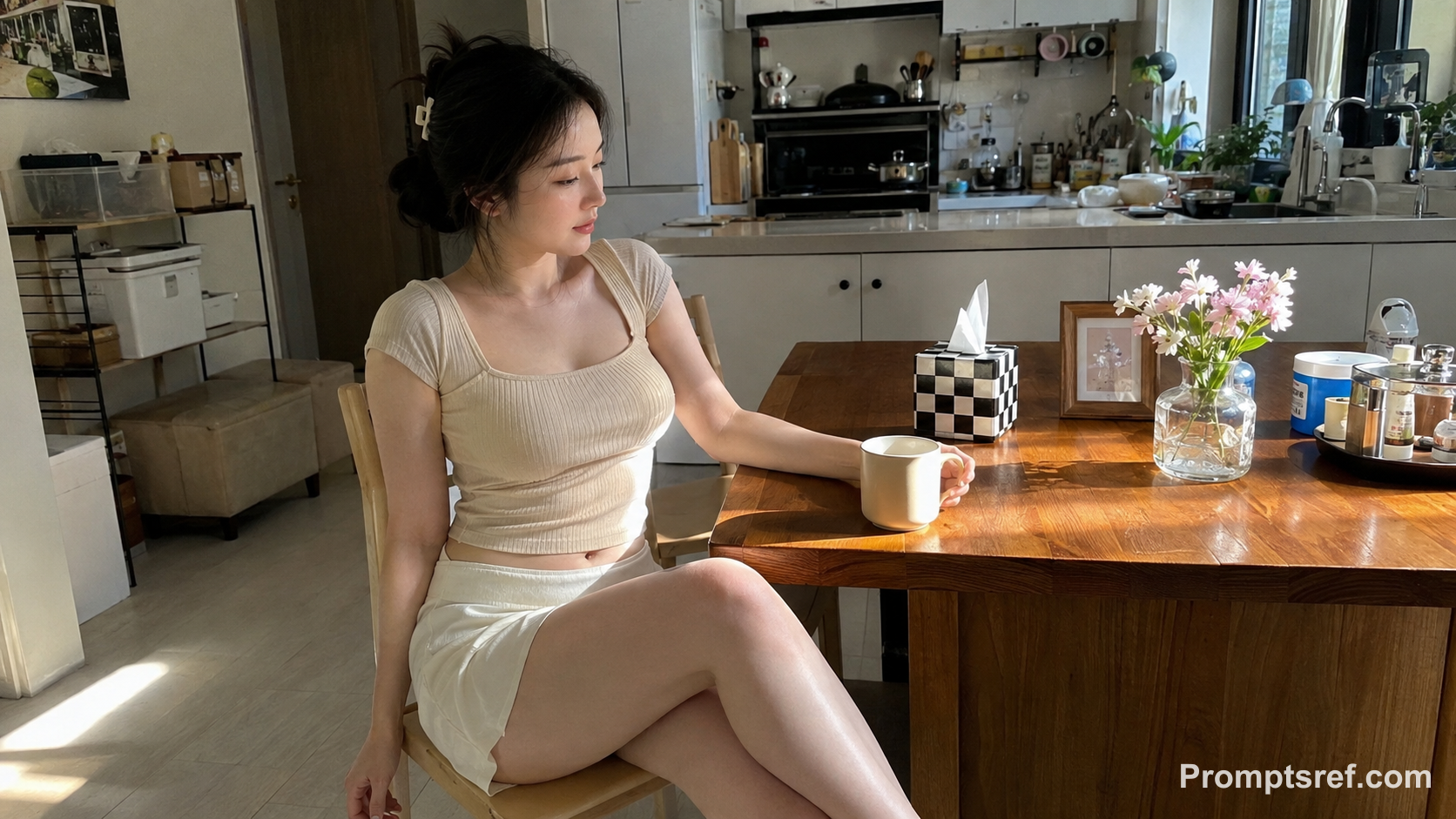Young East Asian Woman, iPhone Afternoon by Coffee Cup