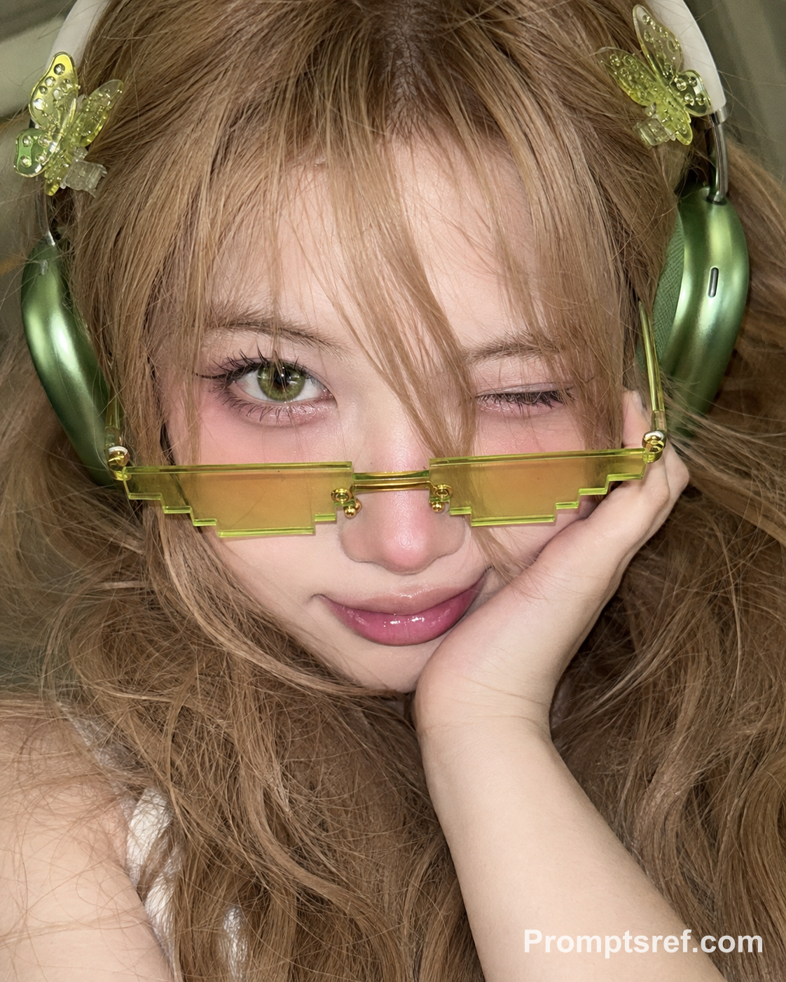 Winking Y2K selfie with pixel glasses