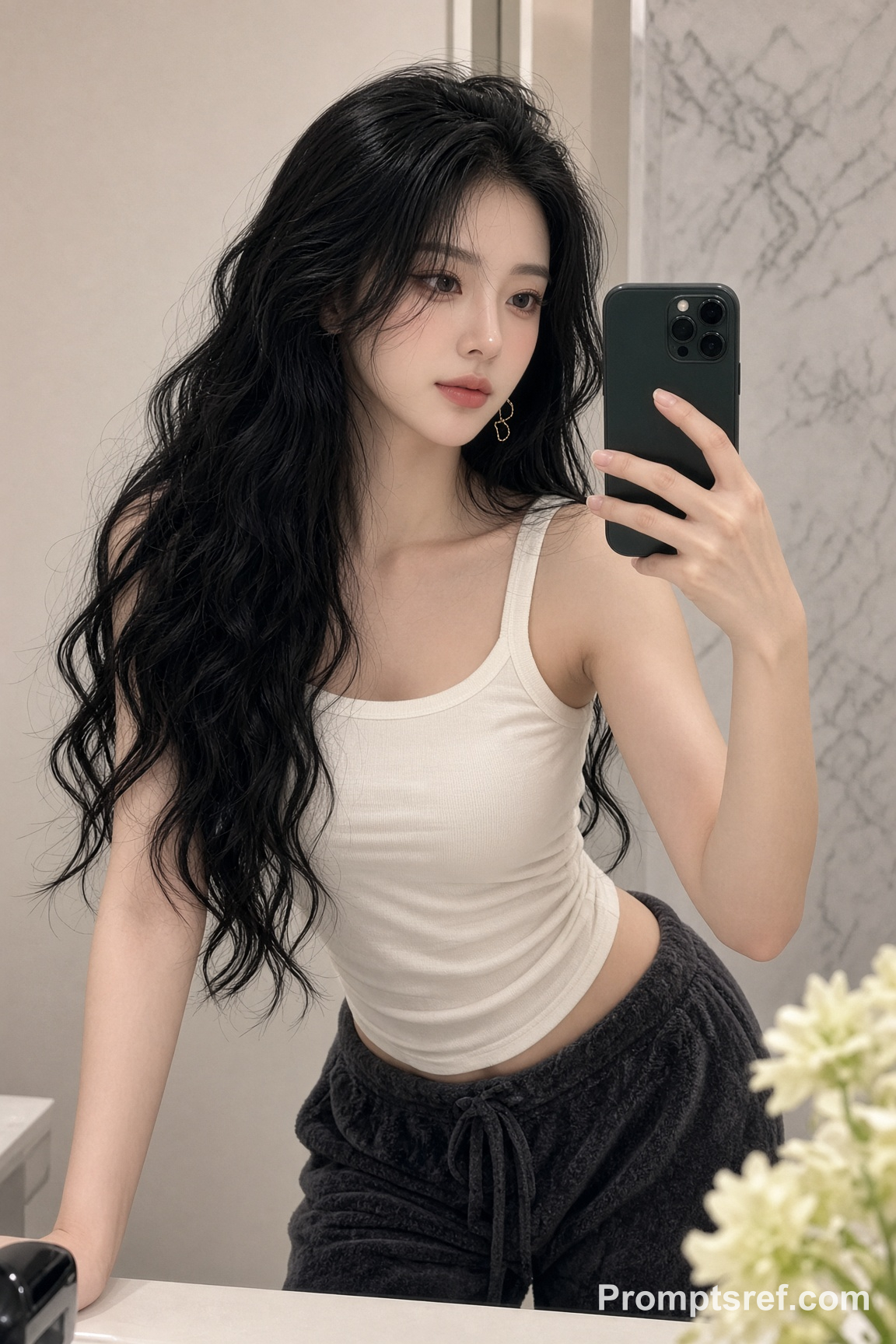 Soft-lit mirror selfie, ivory tank and long black waves
