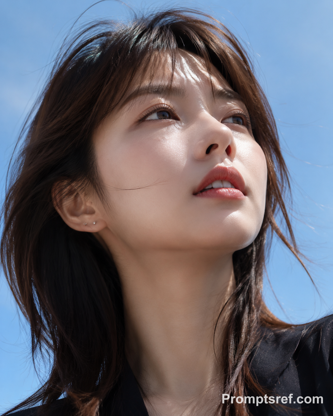 Low-Angle Blue-Sky Portrait of a Dewy, Windblown Woman