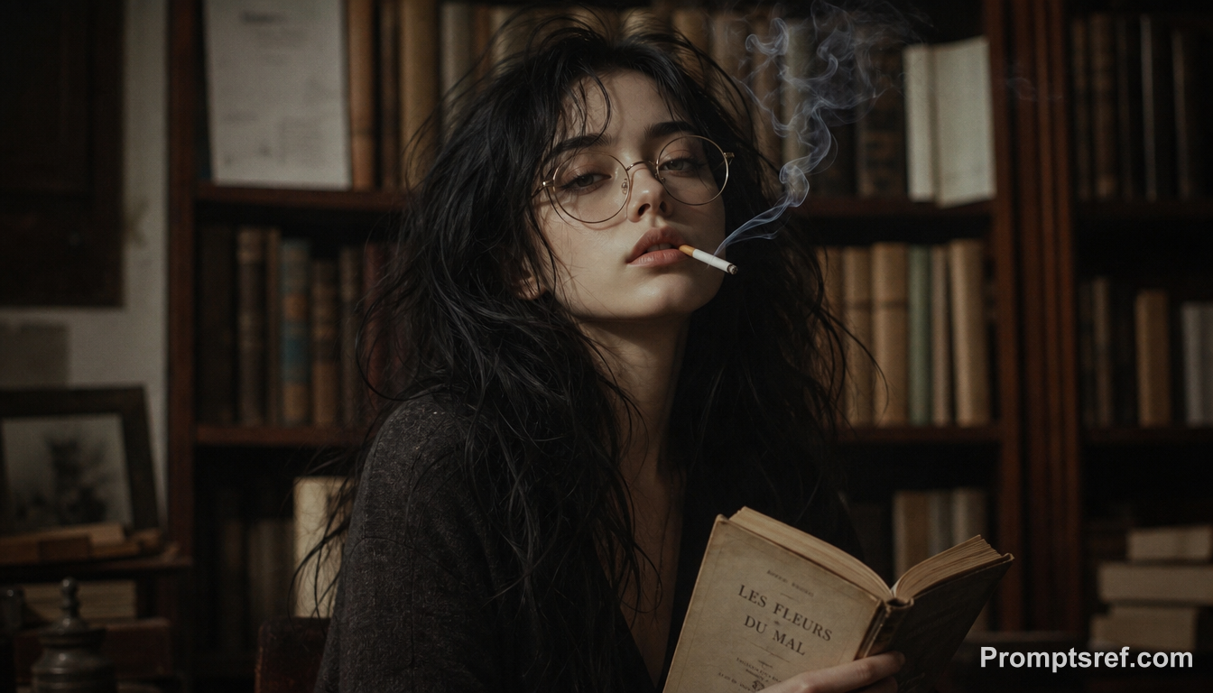 Woman with glasses and book in smoky vintage light