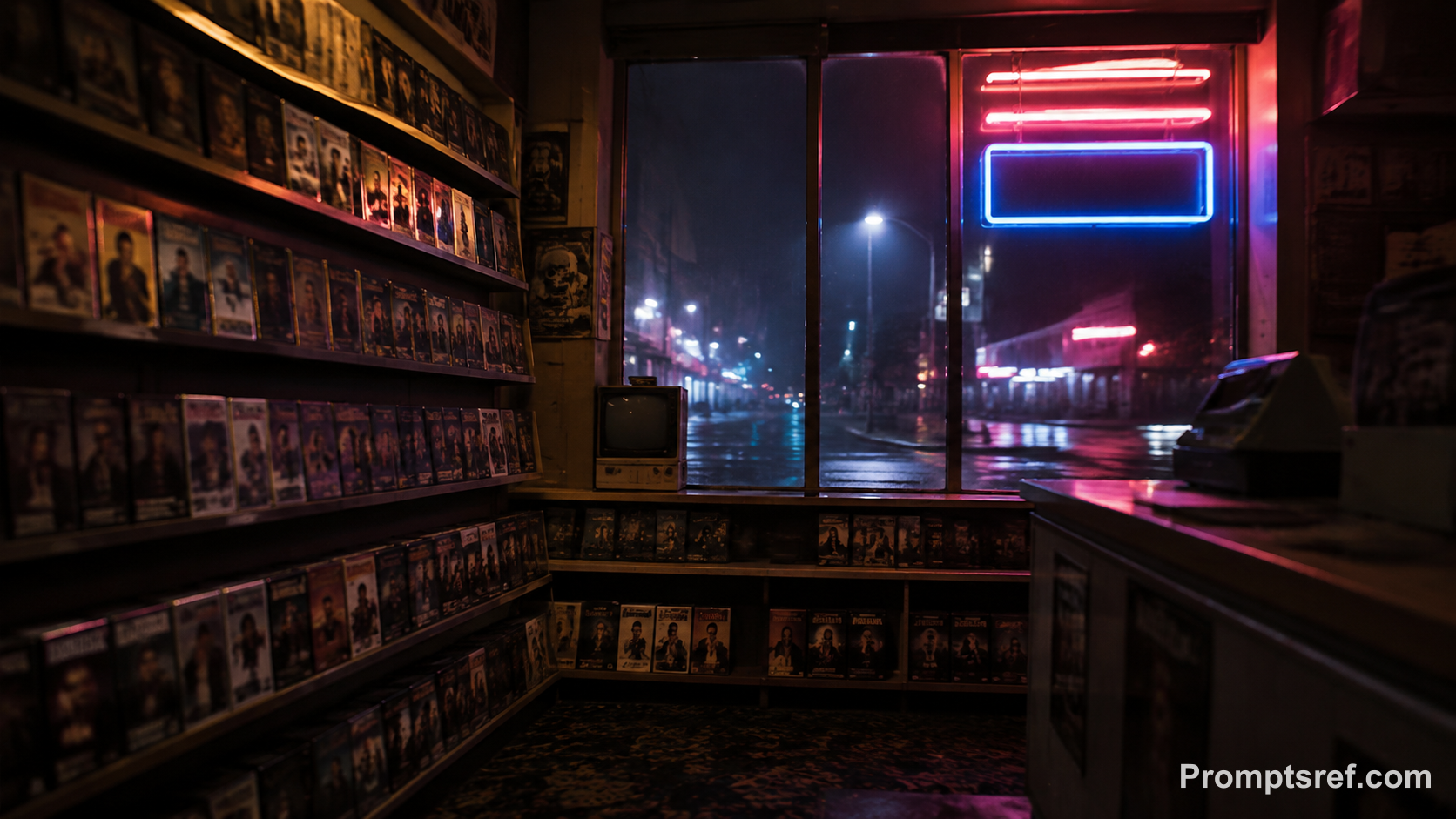Cinematic Neon VHS Store at Night