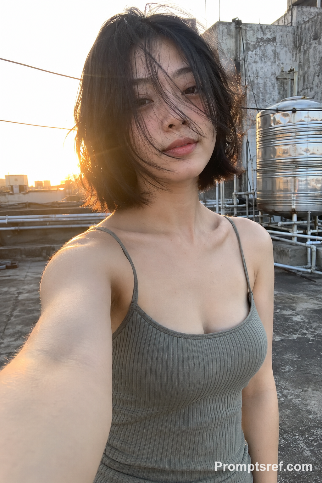 Backlit Rooftop Selfie with Messy Bob