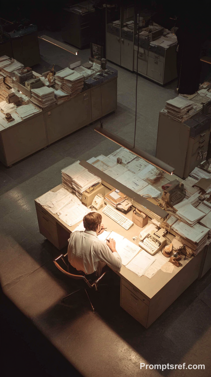 Paper-Buried Man in 1970s Brutalist Office