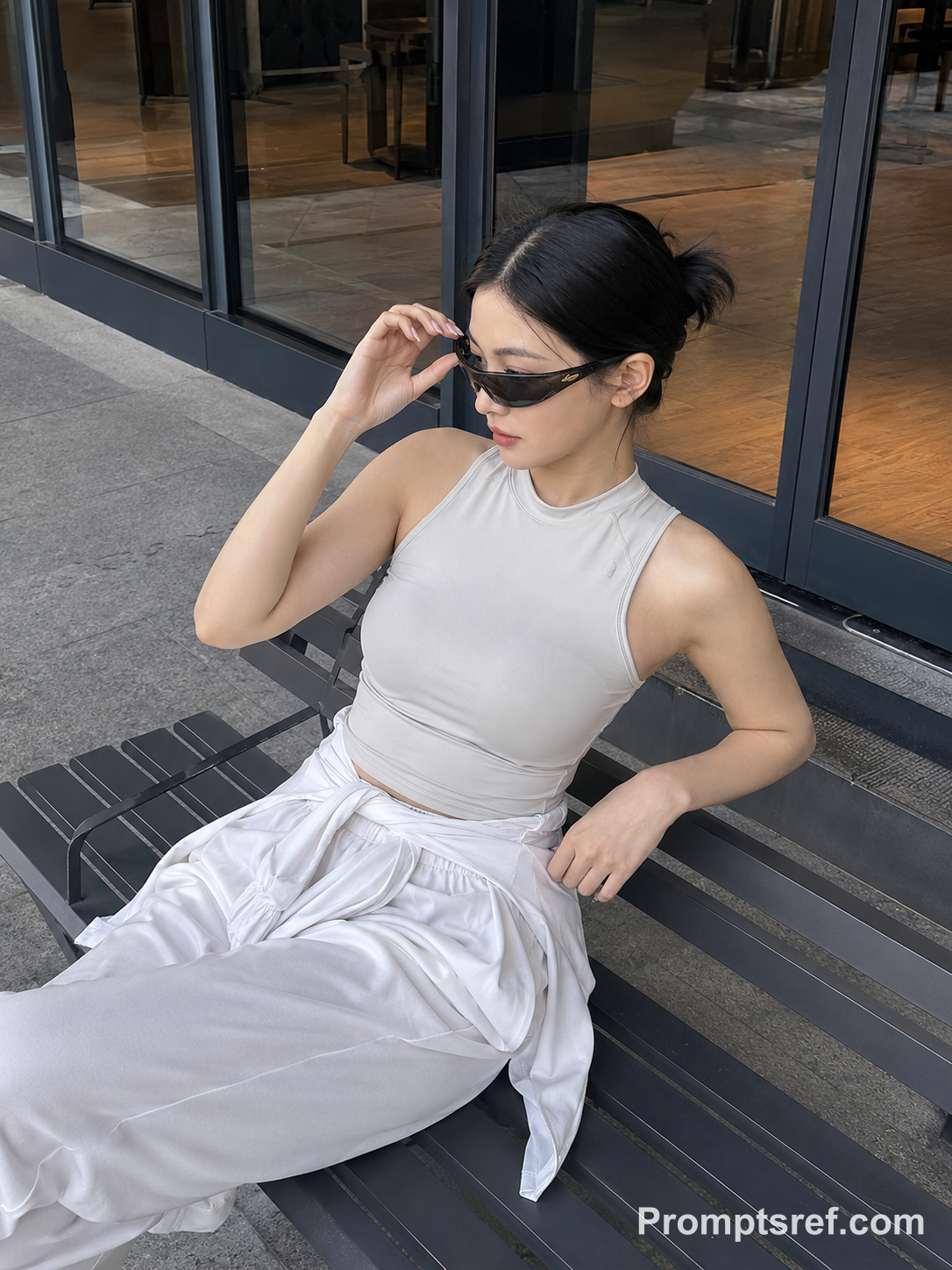 Woman on Bench in Shield Shades, Pale Neutrals