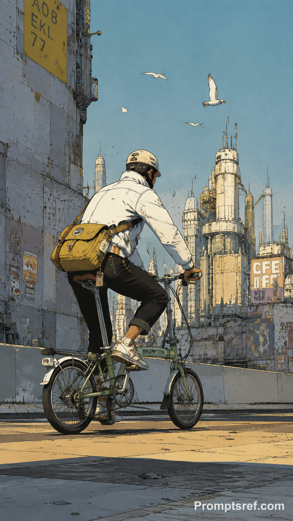 Urban Cyclist on Folding Bike, Cinematic Detail