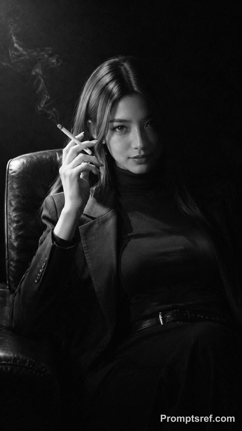 Grainy Monochrome Japanese Woman with Cigarette