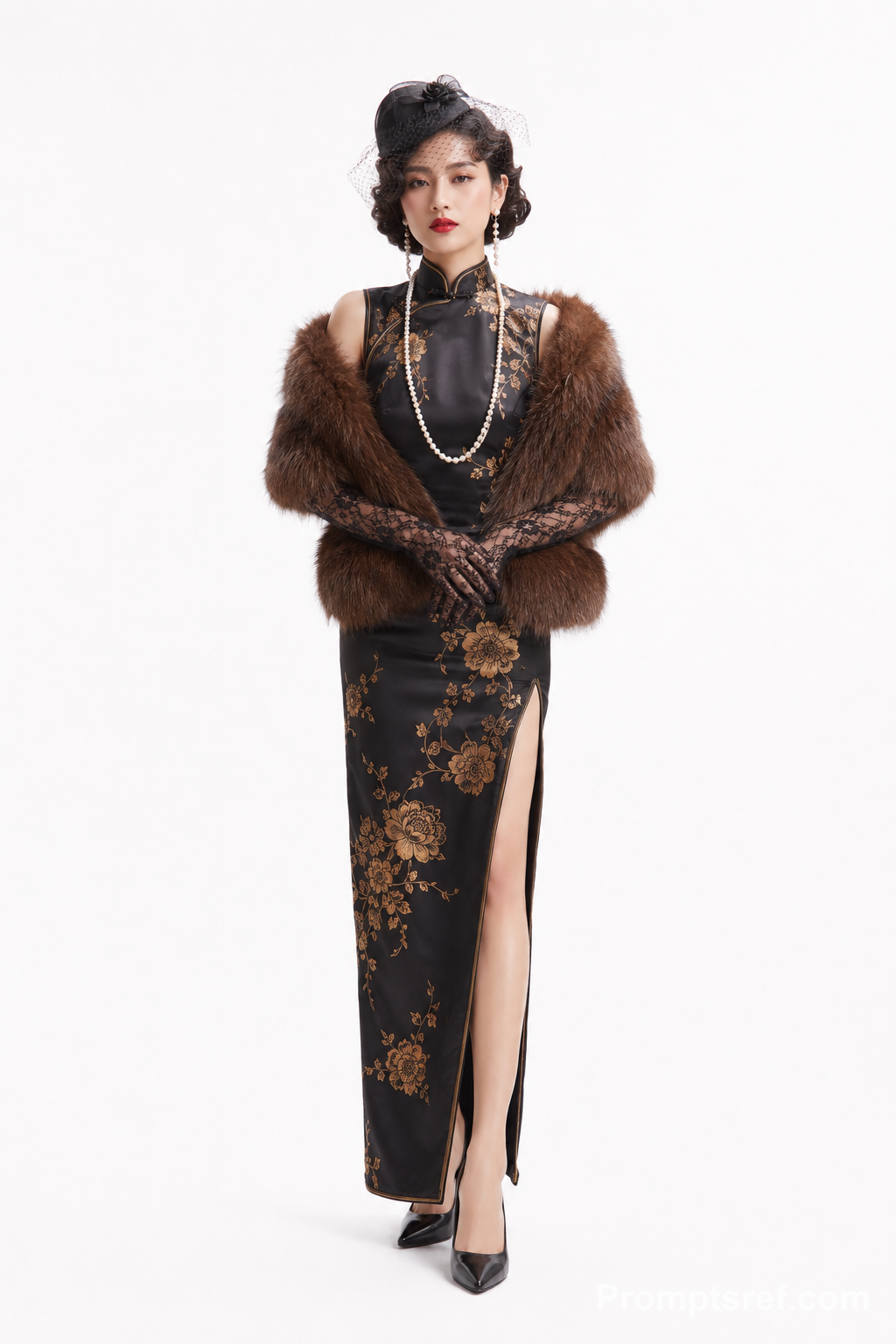 Ultra-Realistic 3D White-Background Black Satin Qipao