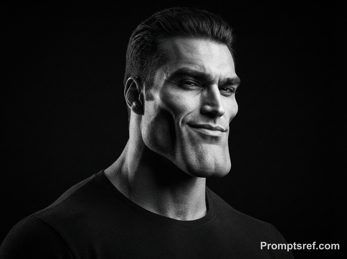 Low-angle GigaChad in hard black and white