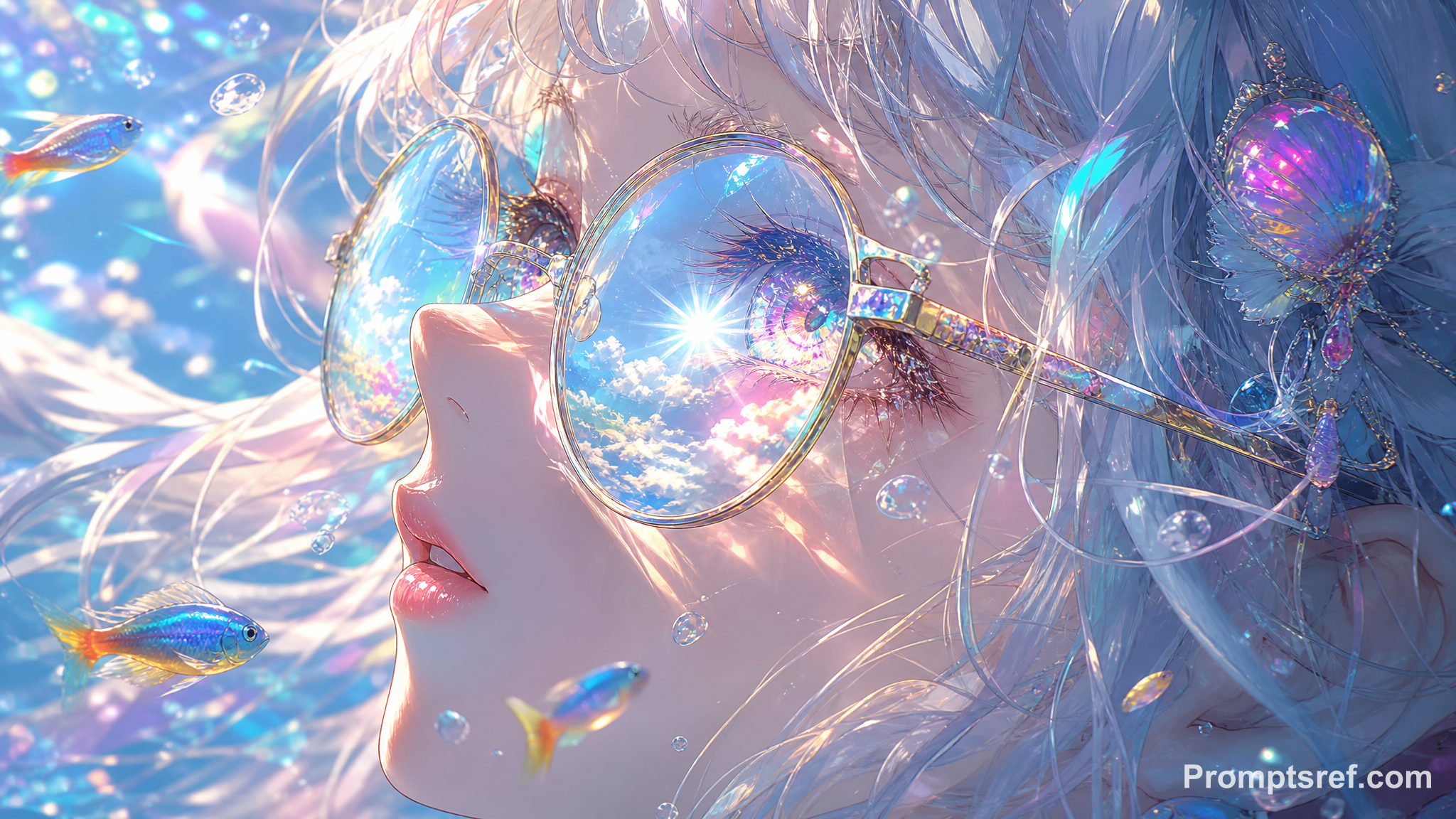 Soft-Brushed Underwater Portrait with Iridescent Glasses