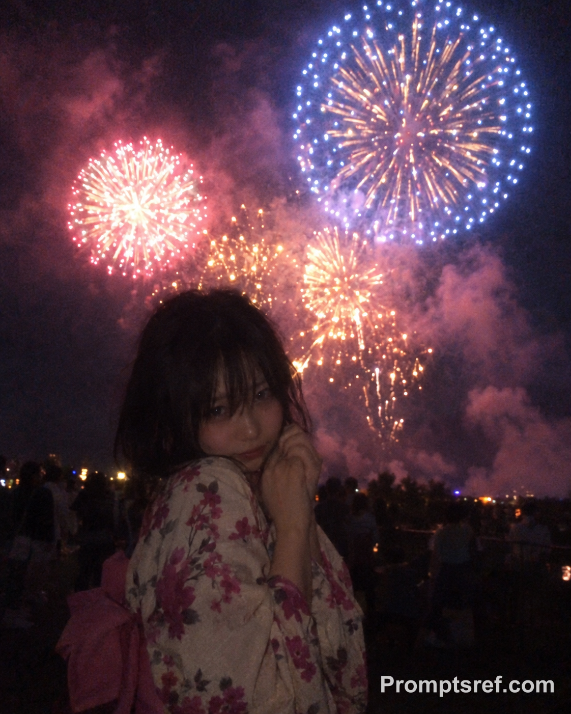 Shy Yukata Girl, Grainy Fireworks Photo
