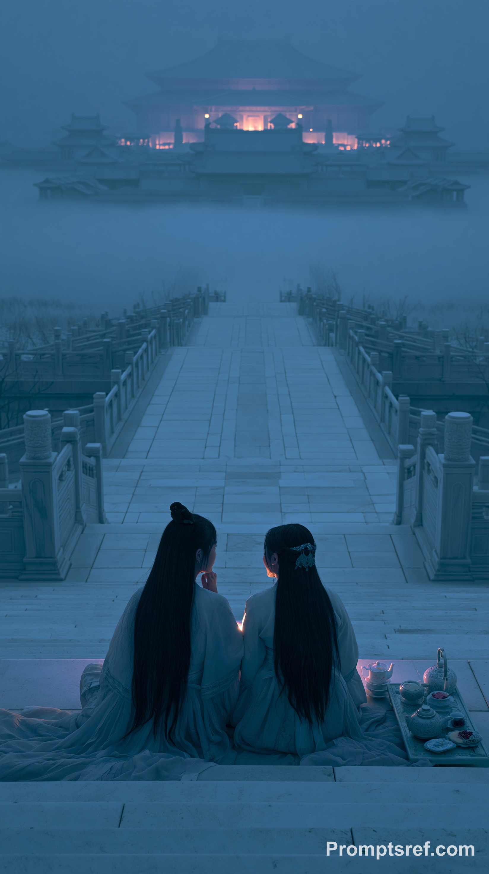 Song Girls on Moonlit White Jade Palace Steps