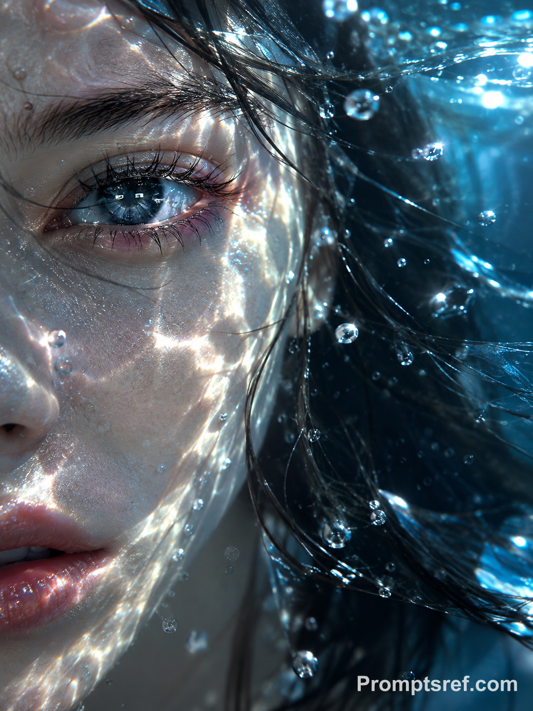 Half Face Underwater in Blue Caustic Light