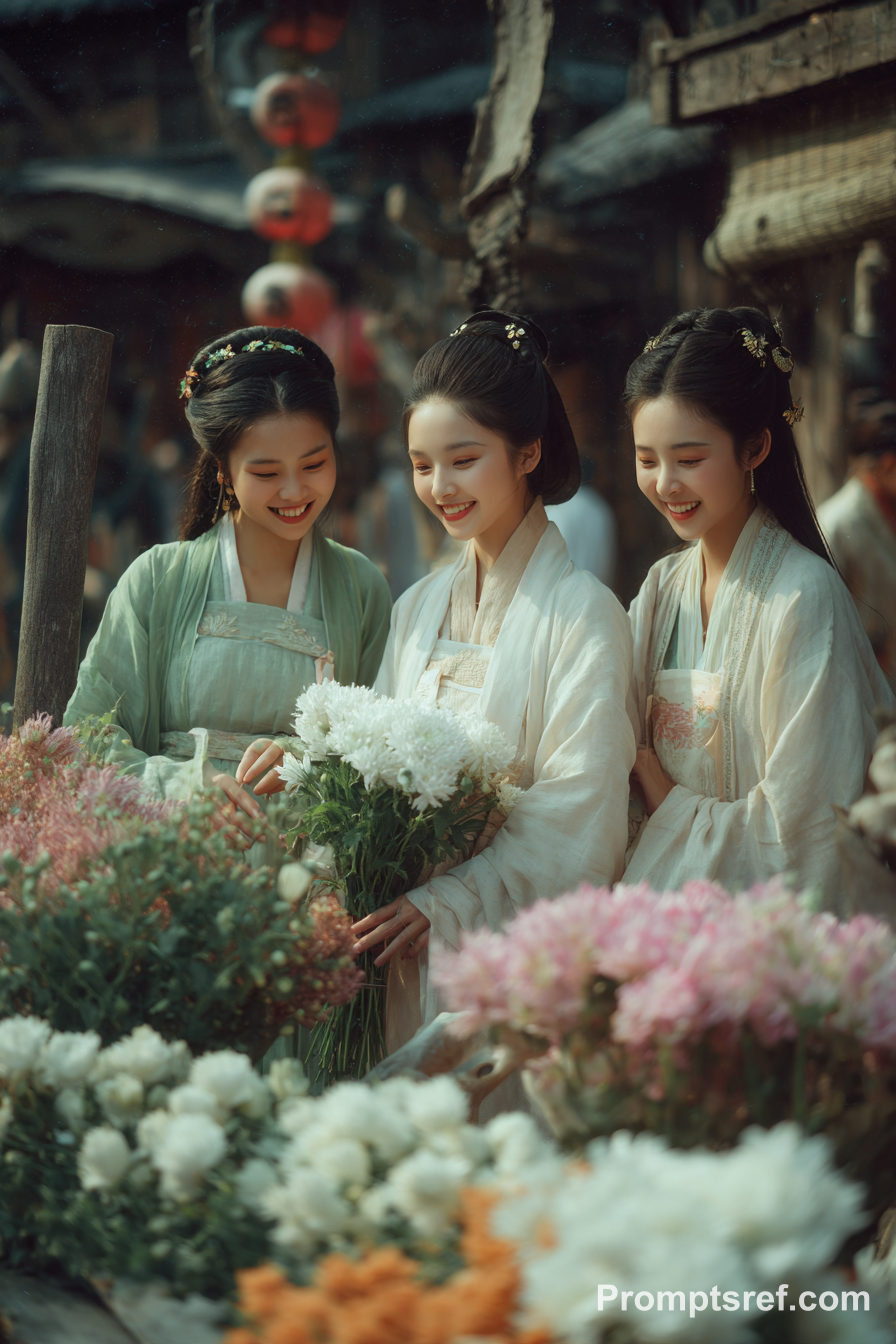 Three Song-Dynasty Girls at a Flower Stall, Soft Film Grain