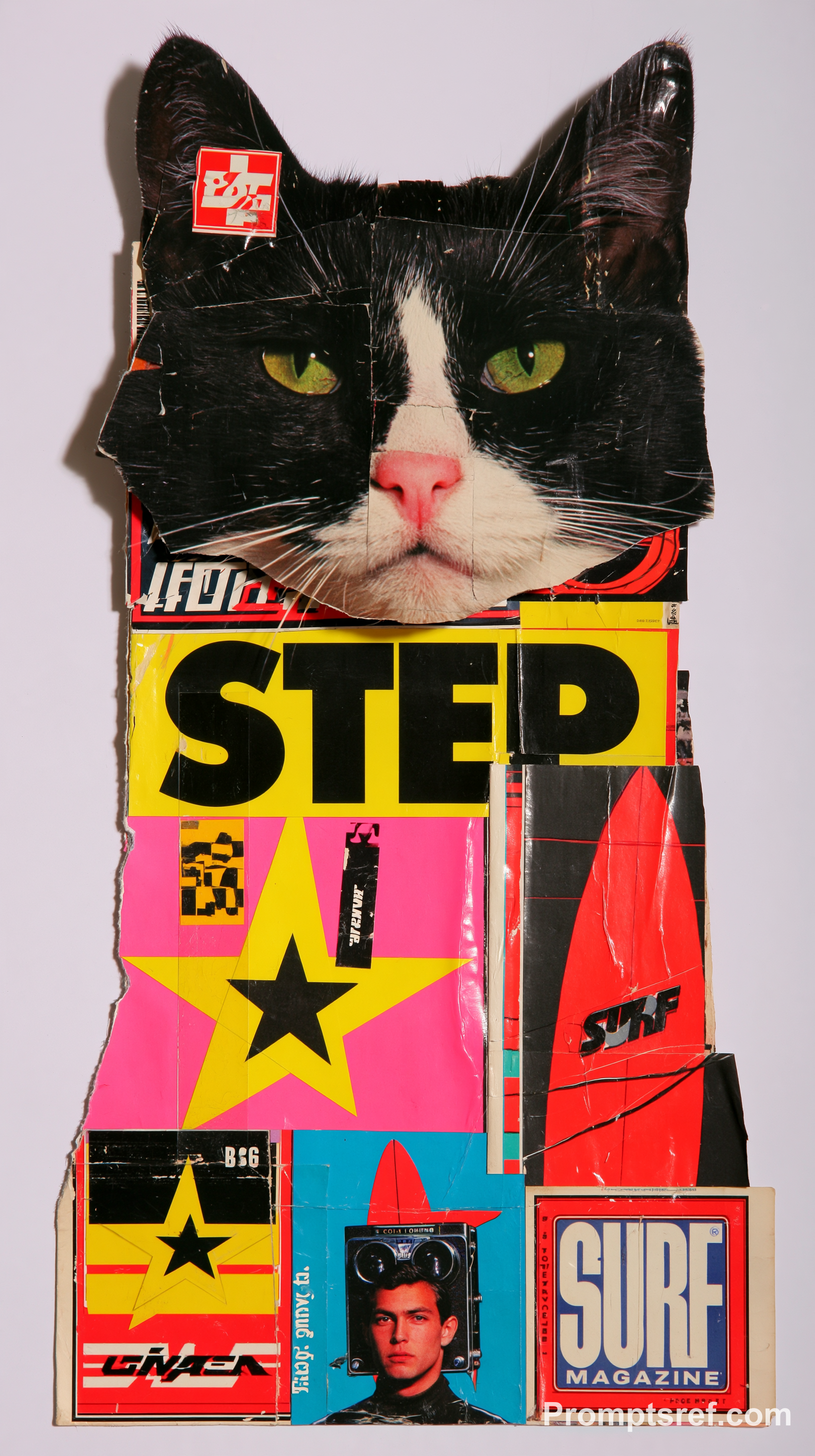 Magazine-Cutout Cat in Vintage Surf Style