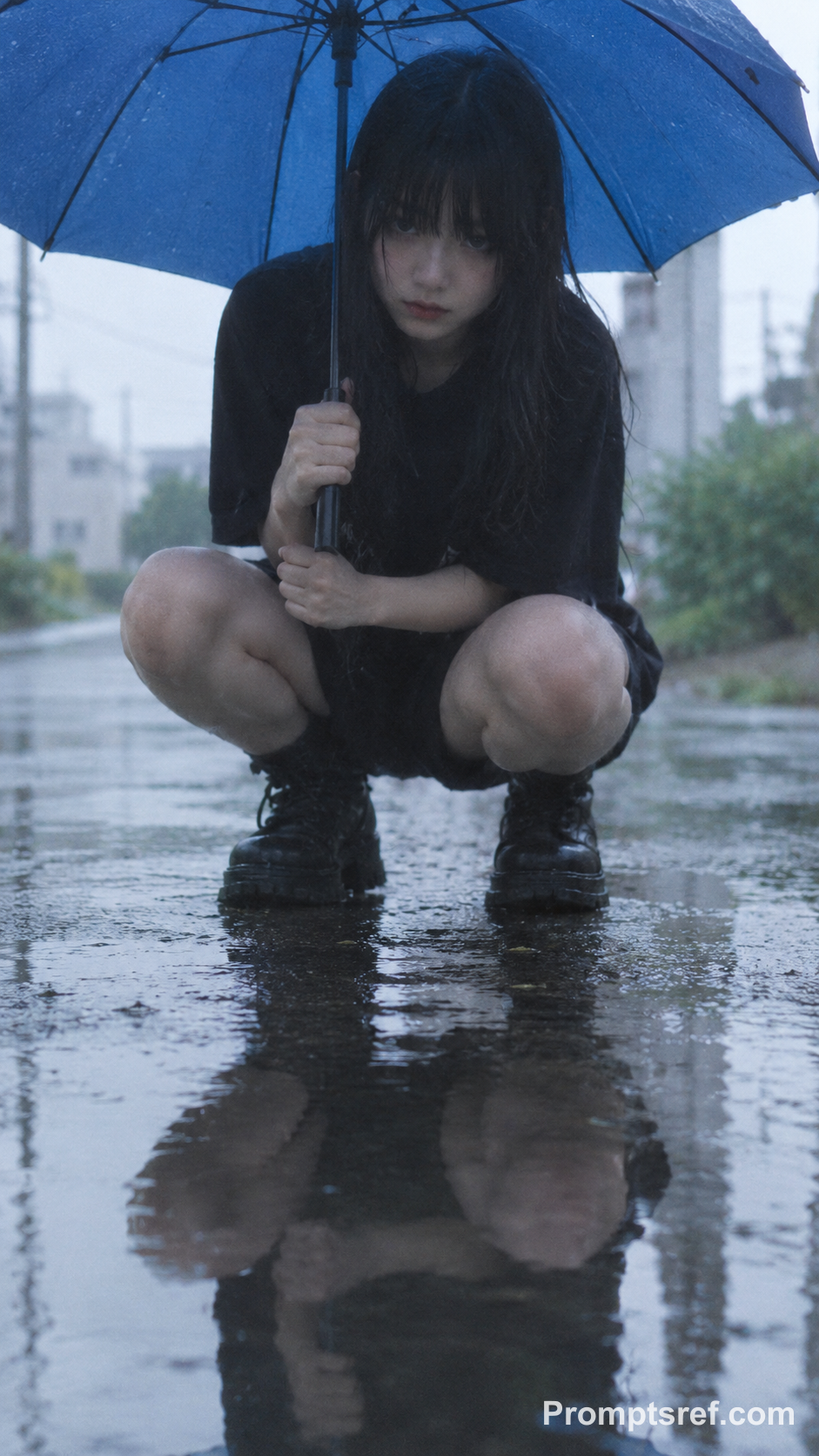 Crouching Woman Under a Blue Umbrella, Compact-Camera Grain