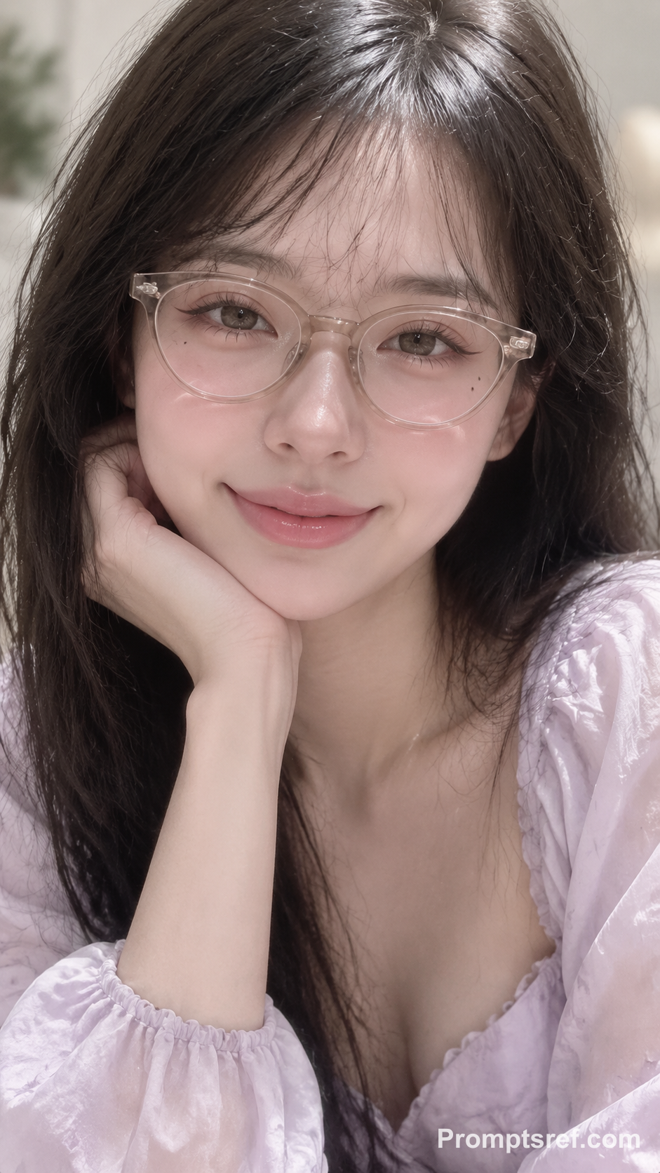 Soft Cat-Eyed East Asian Portrait with Glossy Pink Lips