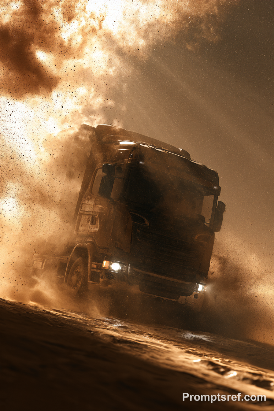 Scania Truck Through Golden Dust in Motion