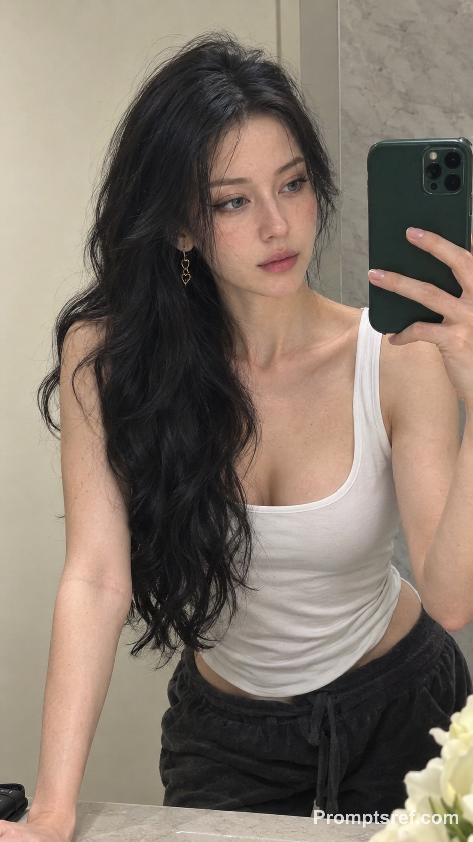 Long Black Waves in a Warm Bathroom Mirror