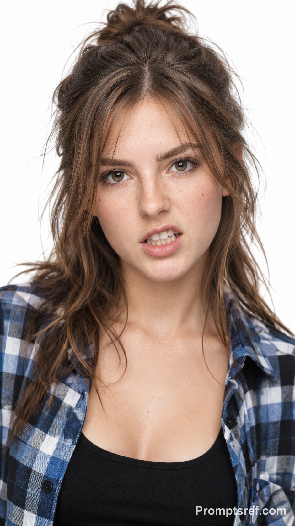 Retrato fotográfico de mujer con gesto juguetón y cuadros búfalo