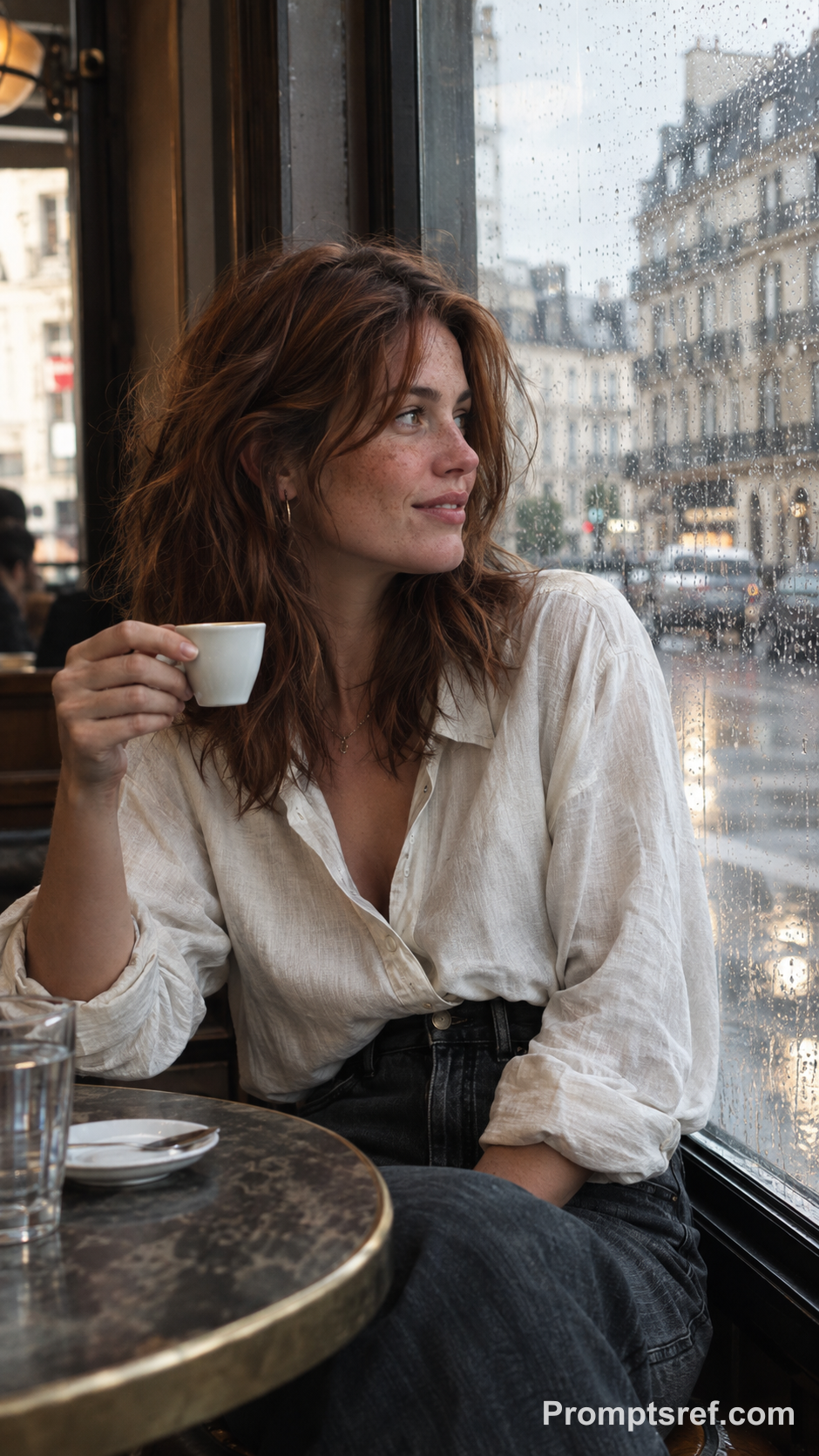 Documentary Portrait of a Freckled Woman by Rainy Glass