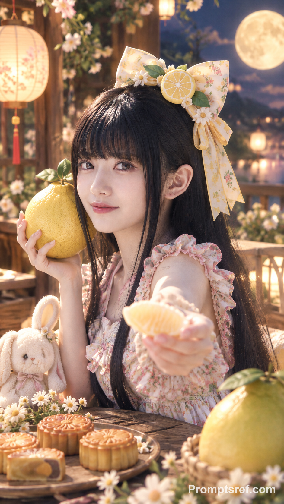 Soft-Focus Mid-Autumn Portrait with a Pomelo Bow