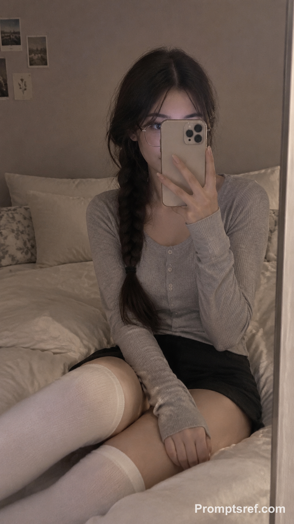 Young Woman's Soft-Lit Bedroom Mirror Selfie