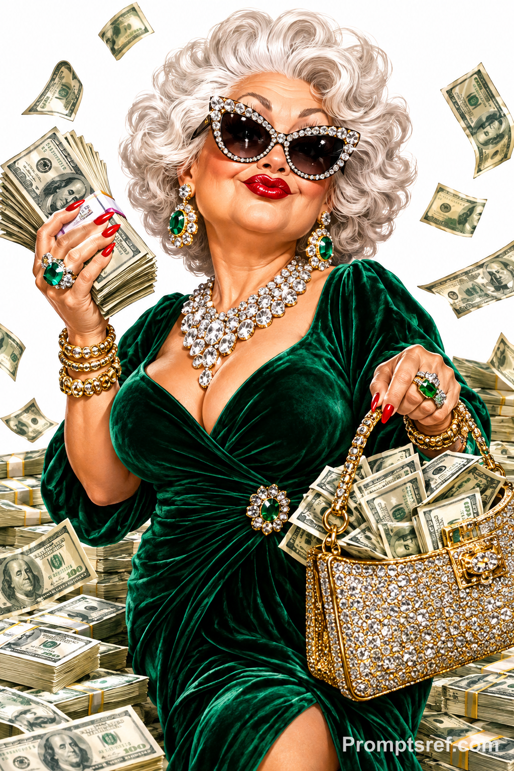 Silver Haired Money Diva in Oil Painted Caricature