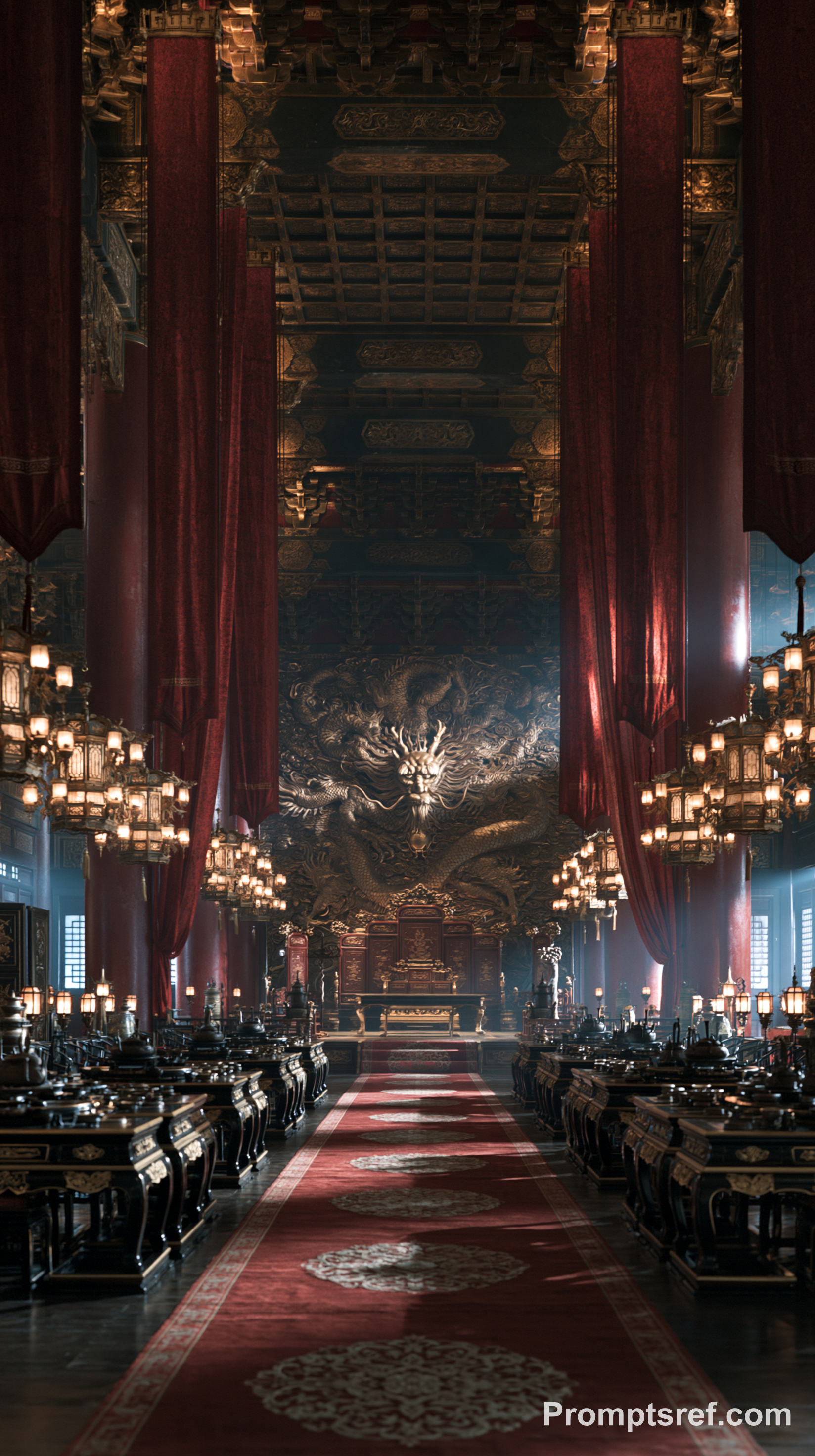 Lanternlit Vermilion Imperial Banquet Hall in Film Grain