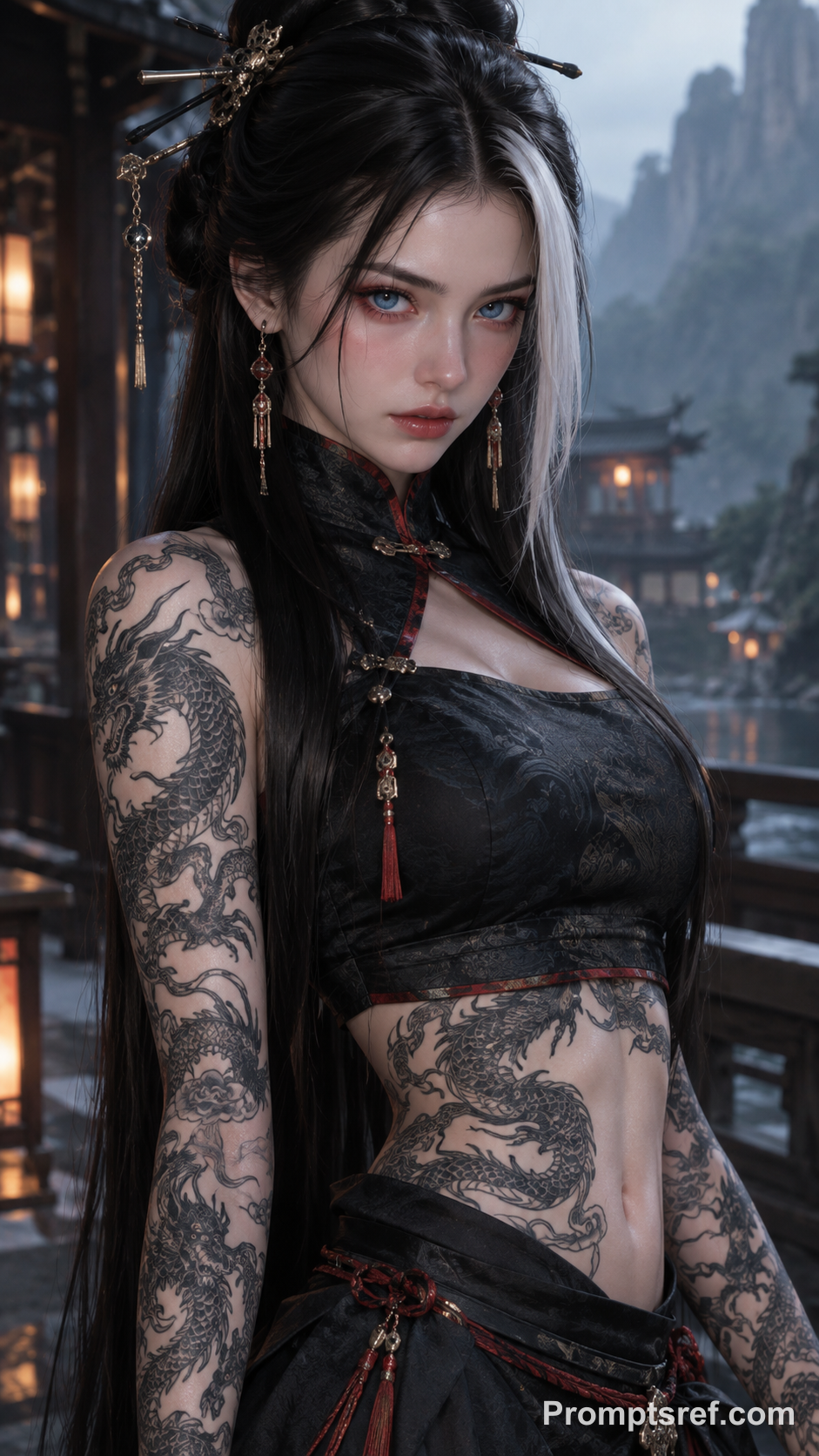 白发挑染与黑龙纹身女子