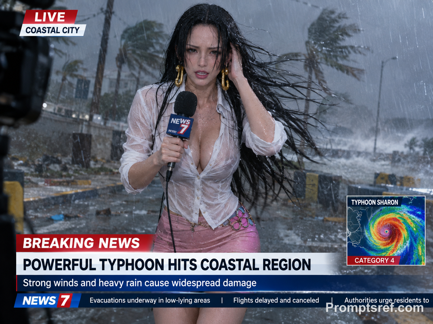 Hancock Cosplayer Reporting Through a Typhoon
