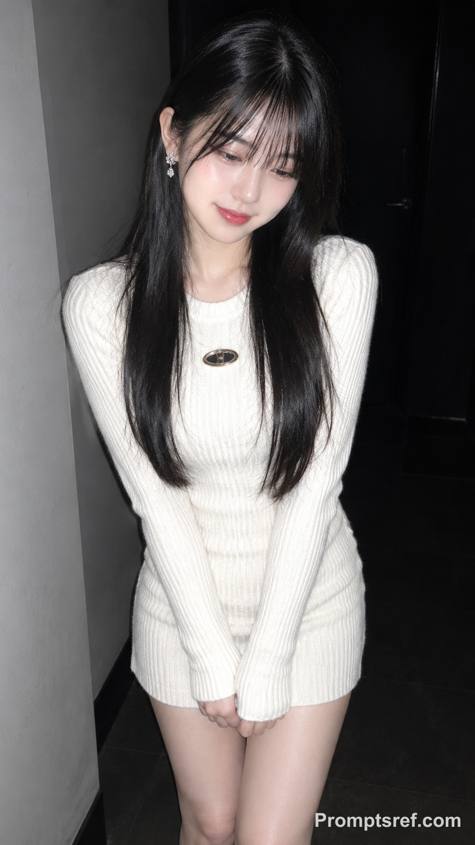硬闪下的白色罗纹针织裙少女