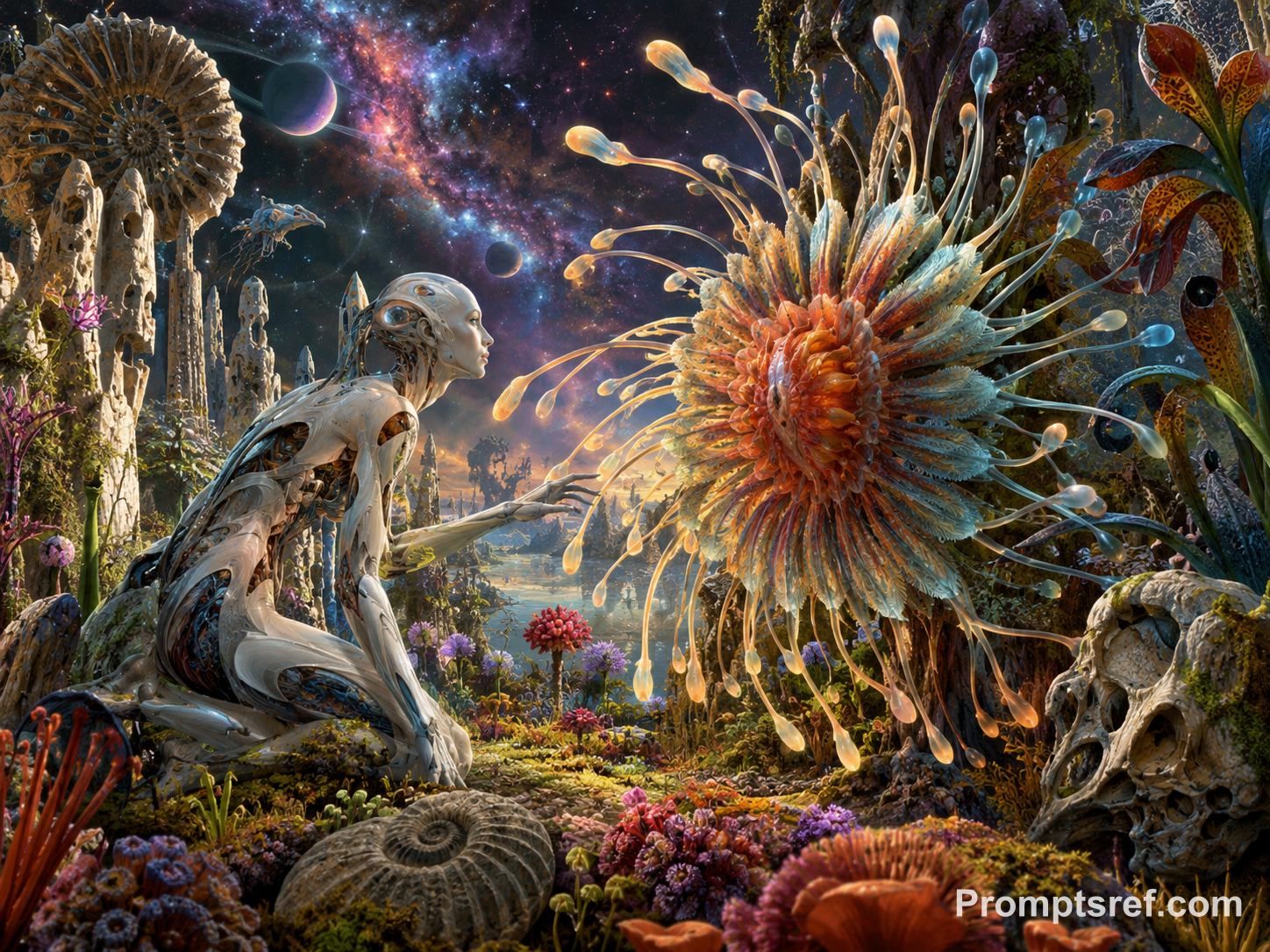Posthuman Meets Radial Alien Lifeform in Retro-Surrealist Garden