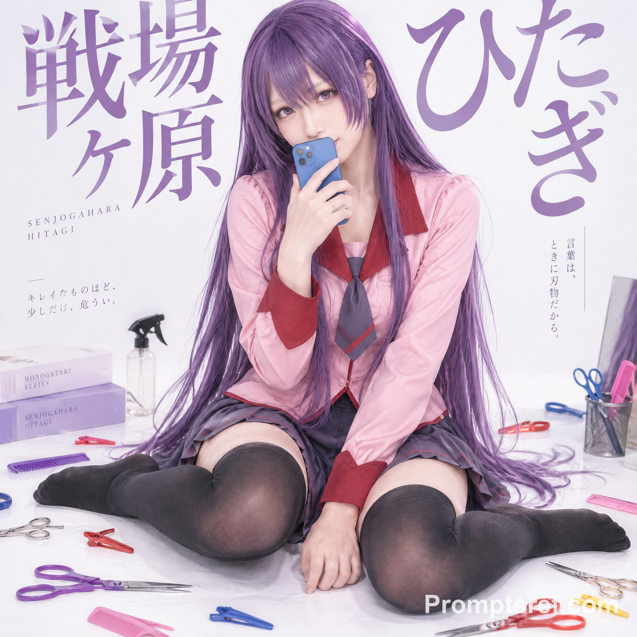 Cosplay anime aux cheveux violets en studio lumineux