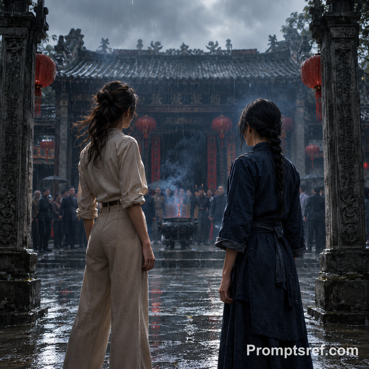 Two Women in a Rainy Ancestral Courtyard