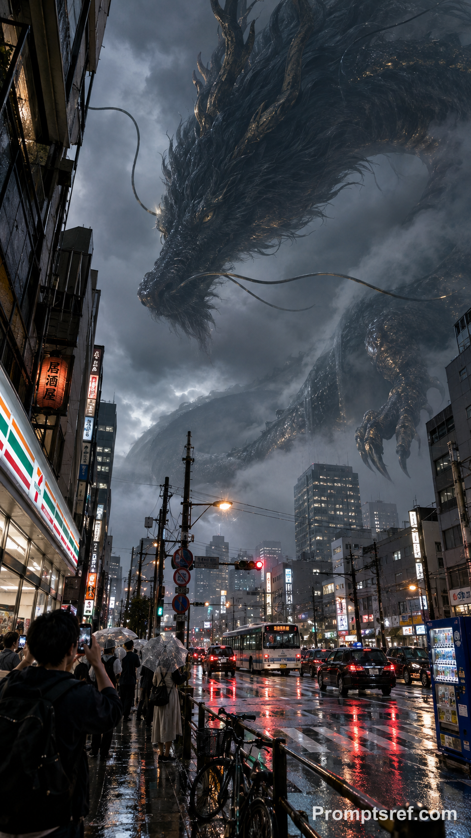 Rain-Soaked Tokyo Beneath a Black Dragon