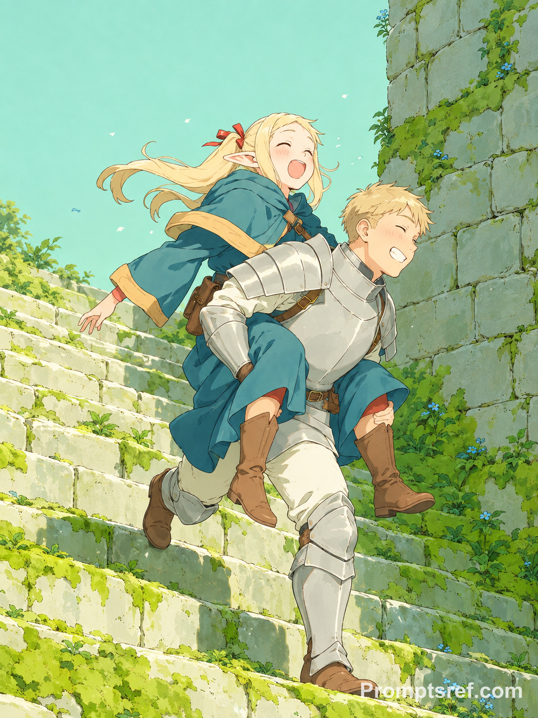 Piggyback Laughs on Mossy Watercolor Steps