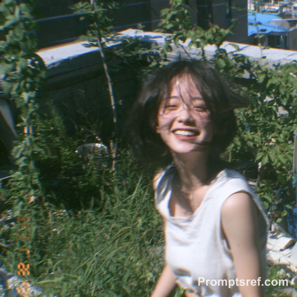 Smiling Girl in a Grainy Rooftop Garden