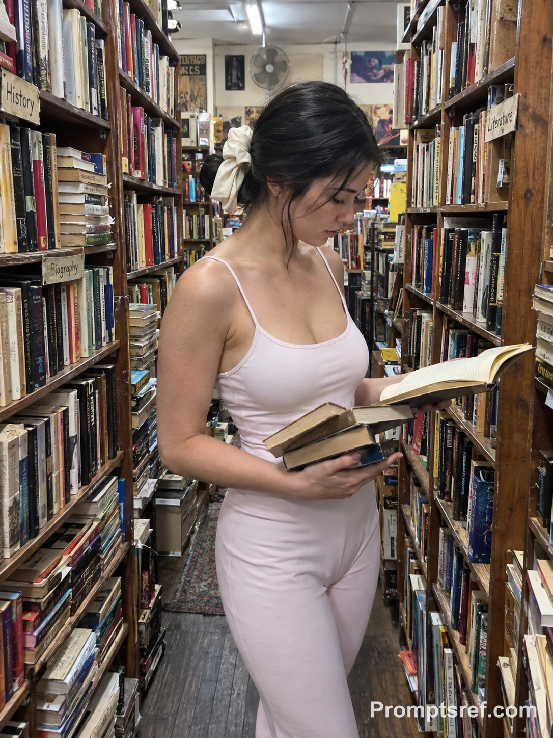 Ivory Bow Reader in a Fluorescent Bookshop
