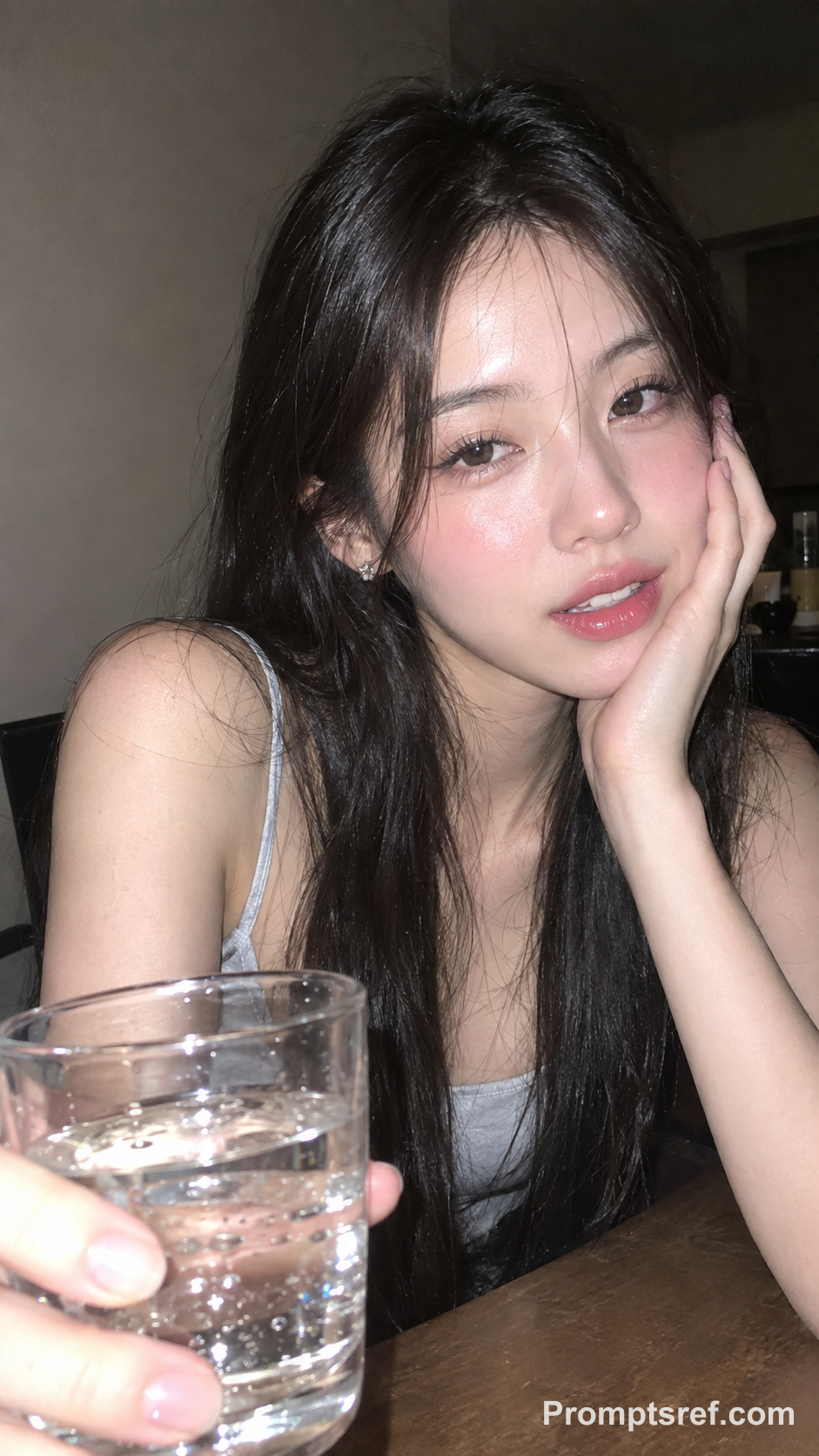 手机闪光灯下的举杯女子