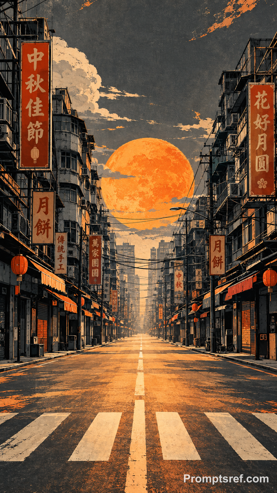复古丝网印刷风中秋城市大道