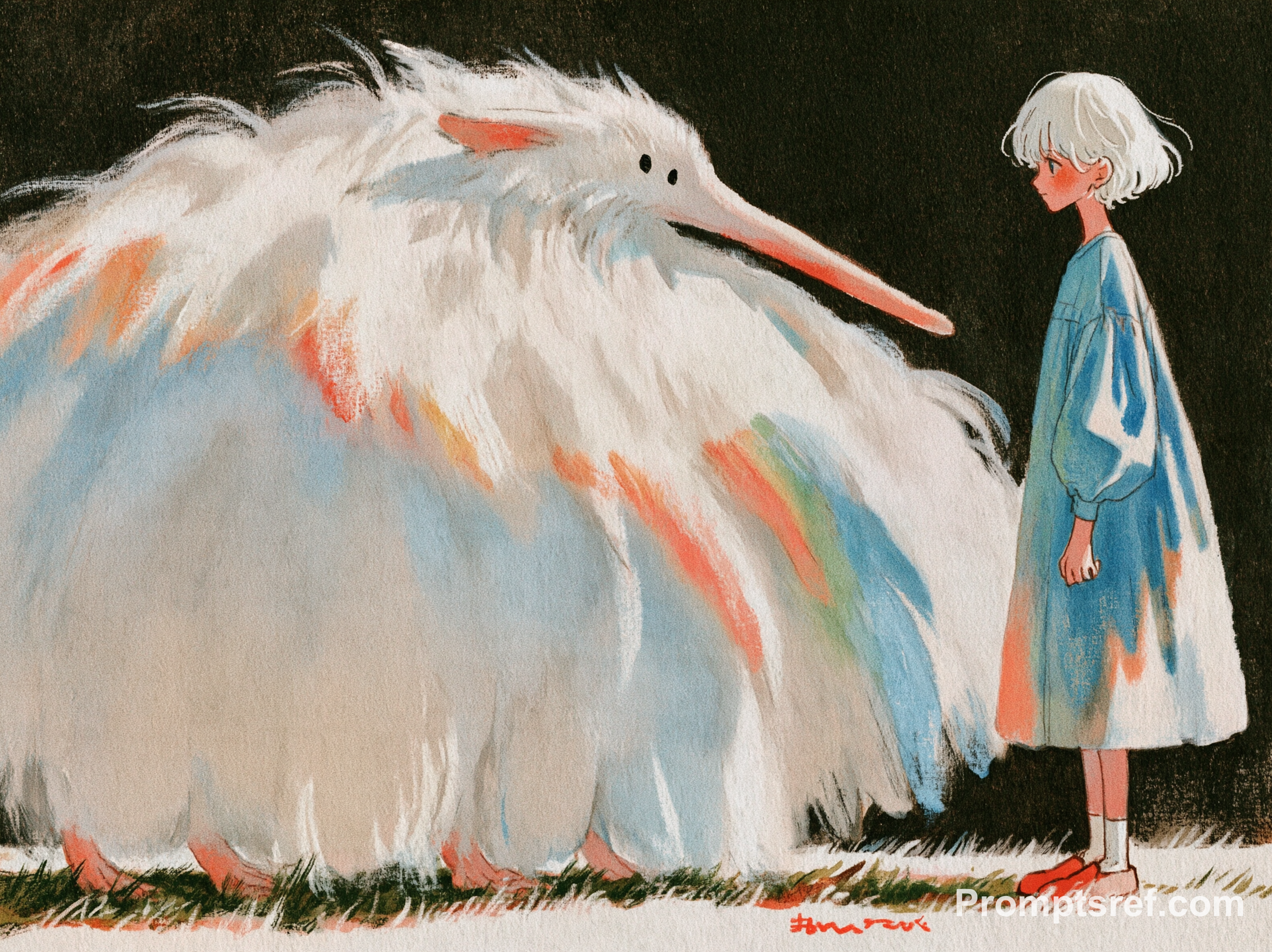 Pale Long-Snouted Creature in Blue Dress