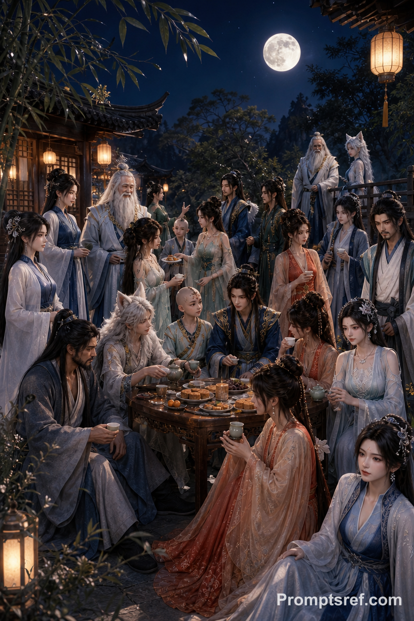 Moonlit Mid-Autumn Gathering in a Wuxia Courtyard