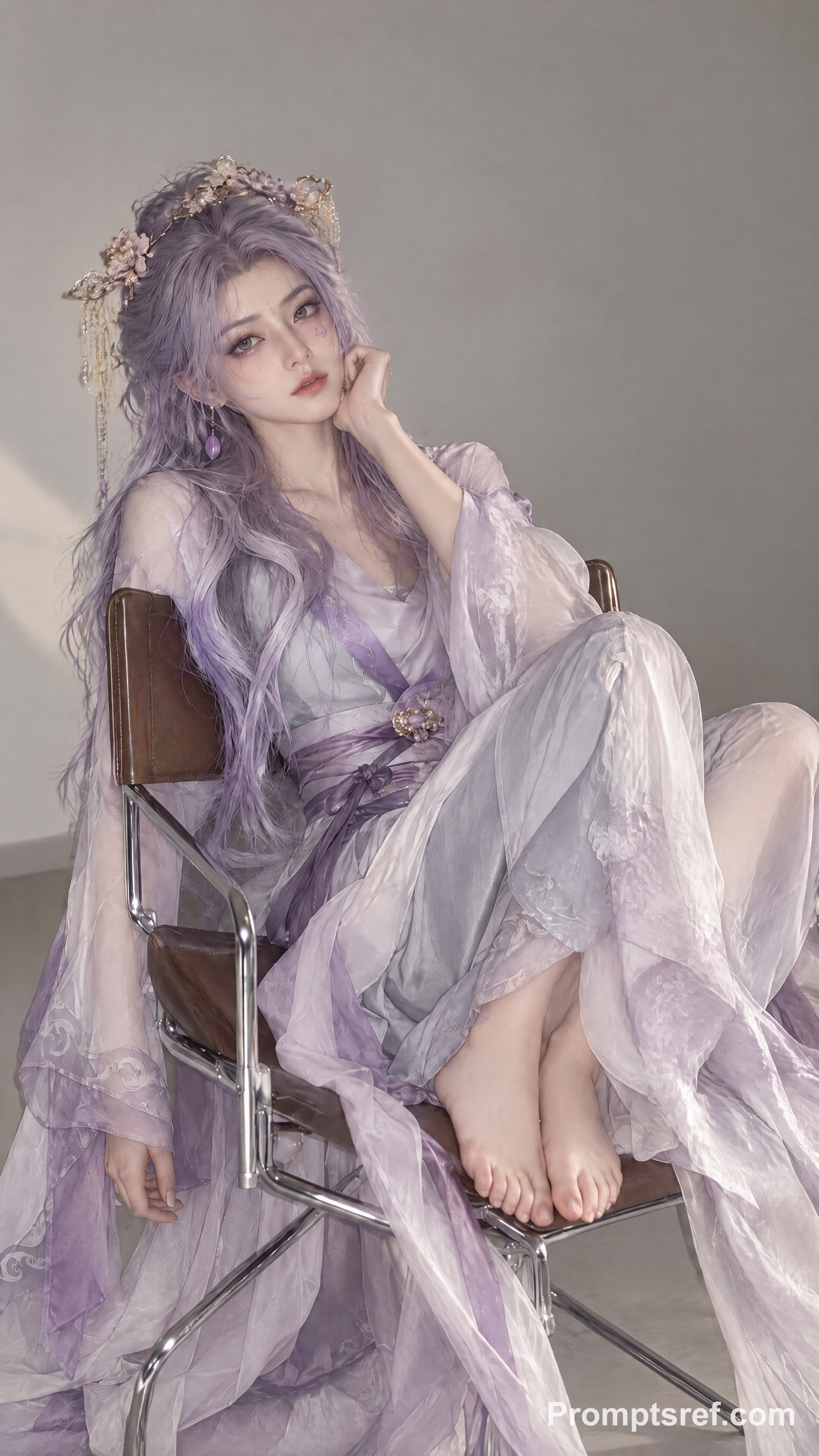 Barefoot Woman in Ethereal Lavender Hanfu
