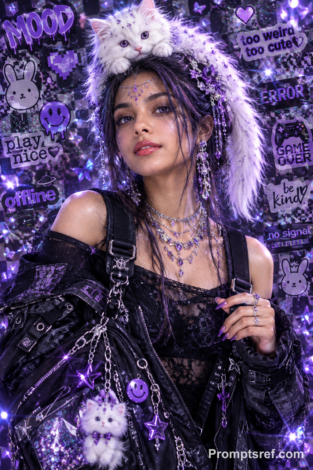 Crystal-Studded Catgirl in Cyber Y2K Purple