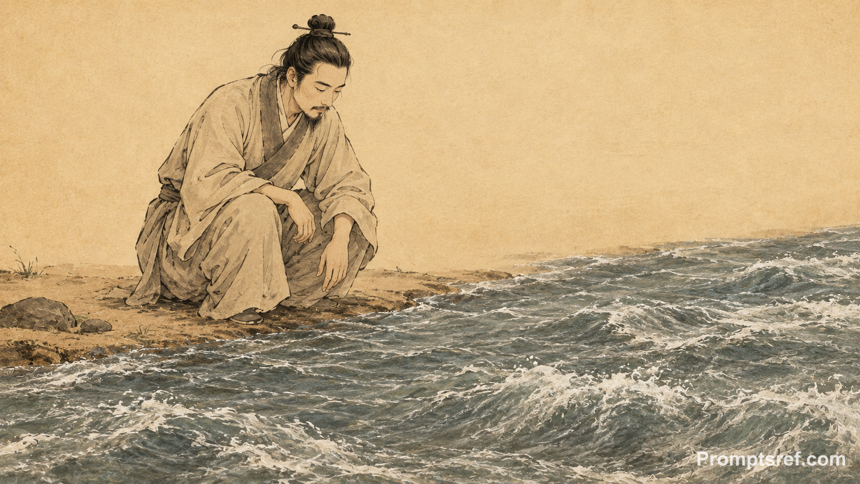 Crouching Man Beside a Turbulent River