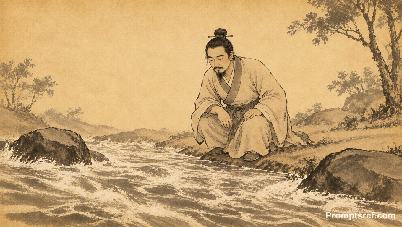 Crouching Man by a Turbulent River in Ancient Chinese Ink