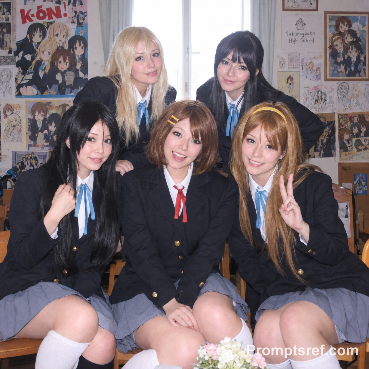 K-ON! Cosplay Group in Flash-Lit Fan Room