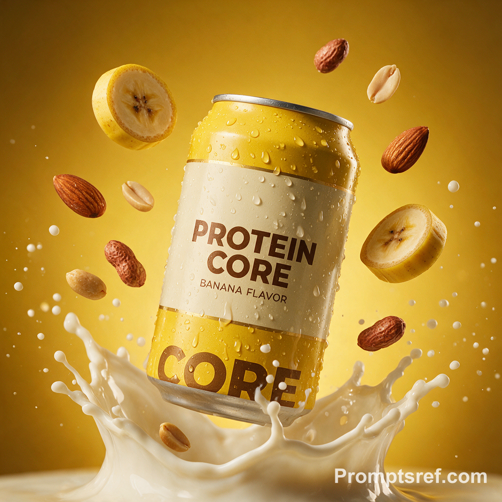 Levitating Protein Shake Can in Golden Milk Splash
